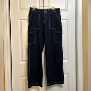 NWT True Religion Women's Cargo Denim Jeans Pants Size 28 Dark Wash Blue 32X32